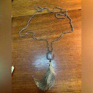 Rhinestone, cross cut agate Agate, & Tassel Necklace 36”